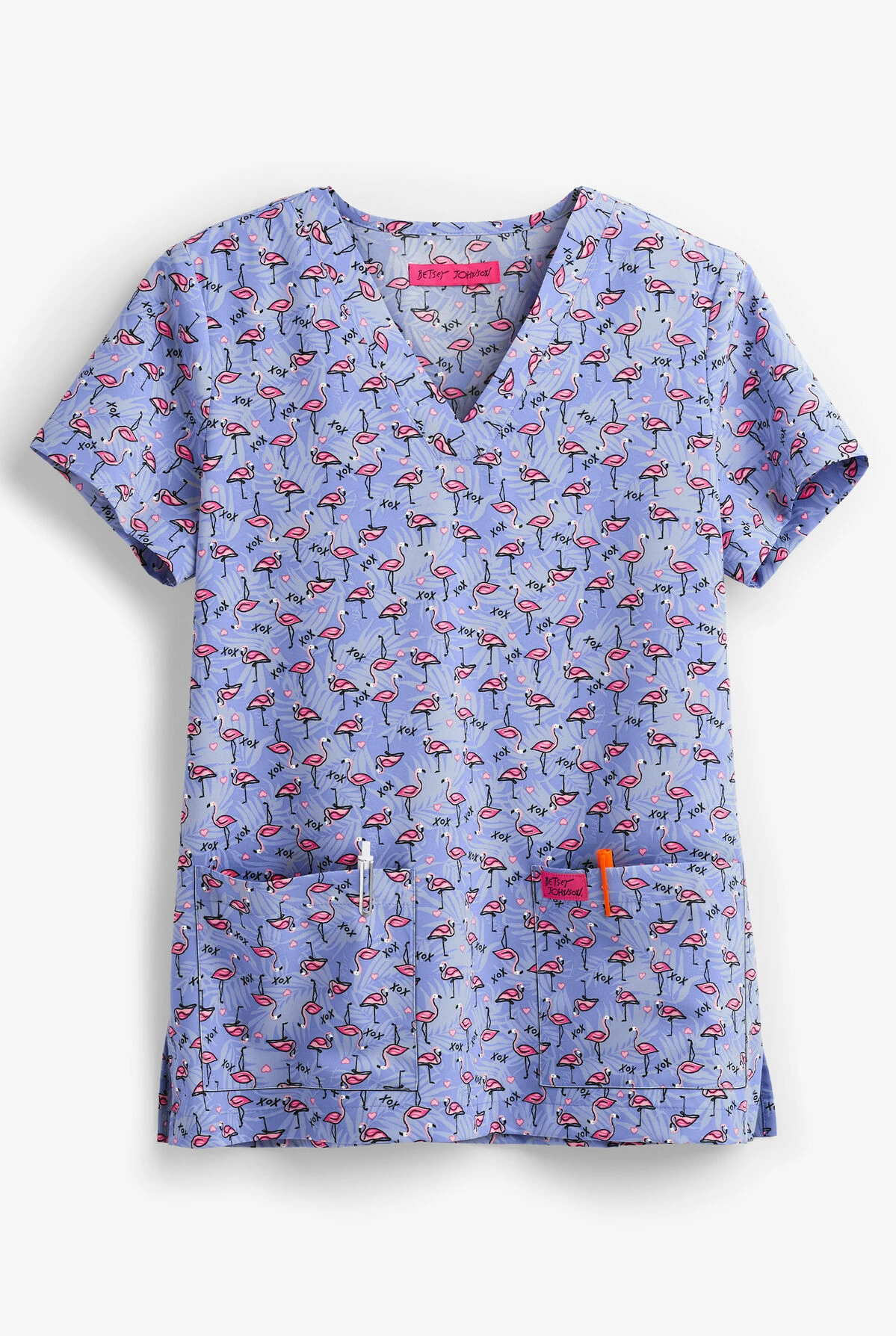 Betsey Johnson Tropical Flamingo Bell Women's 2-Pocket V-Neck Print Scrub Top 3 Betsey Johnson Tropical Flamingo Bell Women's 2-Pocket V-Neck Print Scrub Top