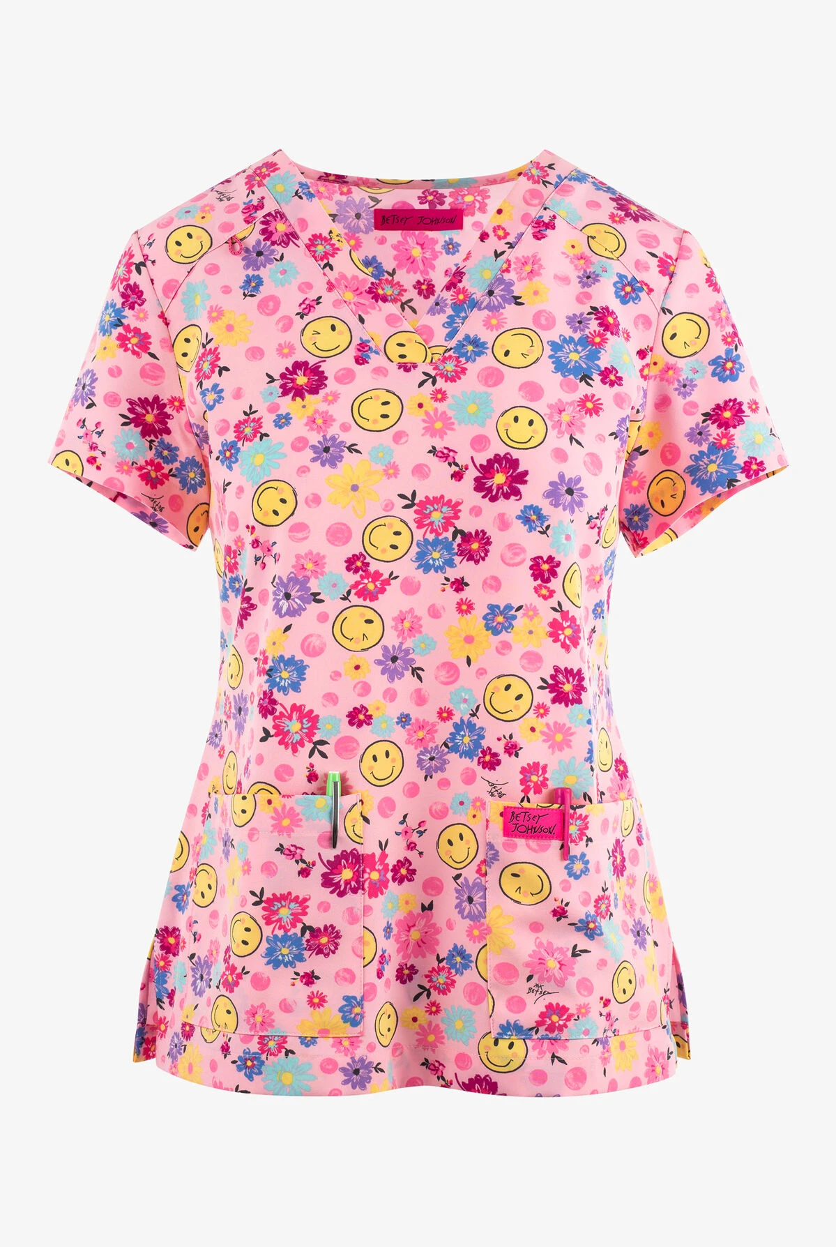 Betsey Johnson Betsy Johnson A Smile A Day Floral Women's 2-Pocket STRETCH V-Neck Print Scrub Top 3 Betsey Johnson Betsy Johnson A Smile A Day Floral Women's 2-Pocket STRETCH V-Neck Print Scrub Top