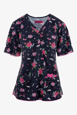 Betsey Johnson Love And More Kisses Women's 2-Pocket STRETCH Y-Neck Print Scrub Top
