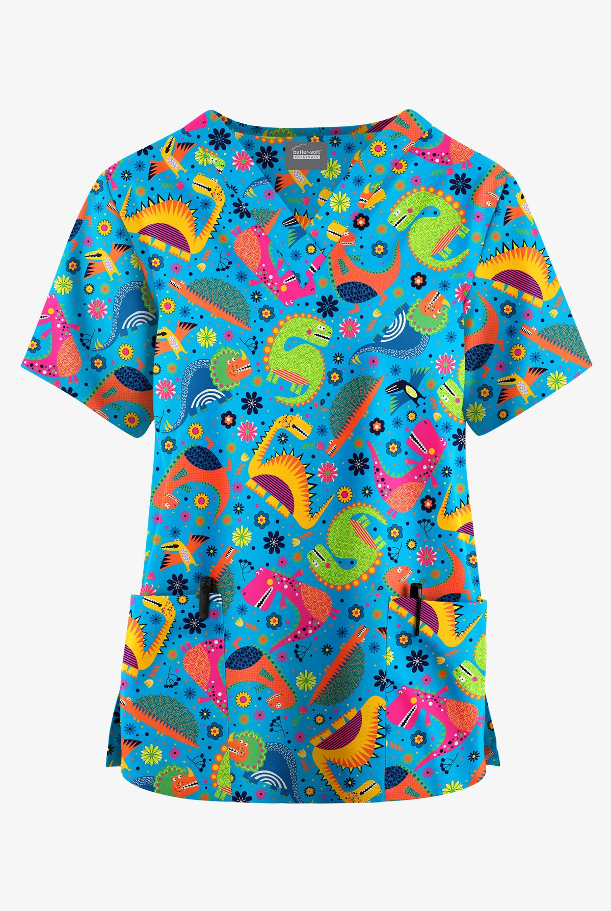 Butter-Soft Originals Dino Party Turquoise Women's 2-Pocket Classic Fit V-Neck Printed Scrub Top 3 Butter-Soft Originals Dino Party Turquoise Women's 2-Pocket Classic Fit V-Neck Printed Scrub Top