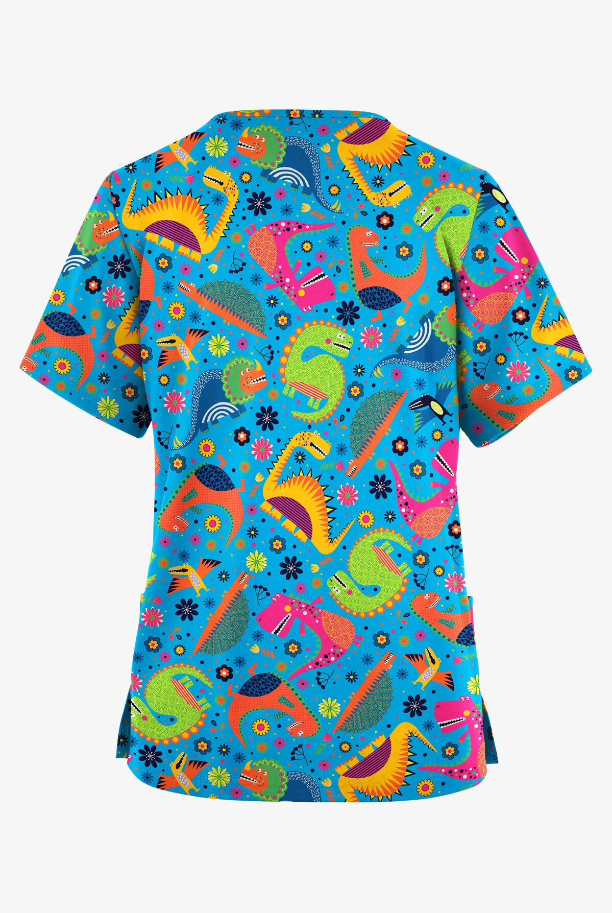 Butter-Soft Originals Dino Party Turquoise Women's 2-Pocket Classic Fit V-Neck Printed Scrub Top 4 Butter-Soft Originals Dino Party Turquoise Women's 2-Pocket Classic Fit V-Neck Printed Scrub Top - Image 2