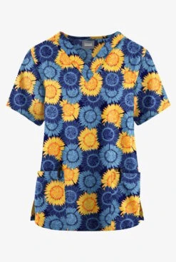 Butter-Soft Originals Sunflower Field Navy Women's 2-Pocket Classic Fit V-Neck Printed Scrub Top