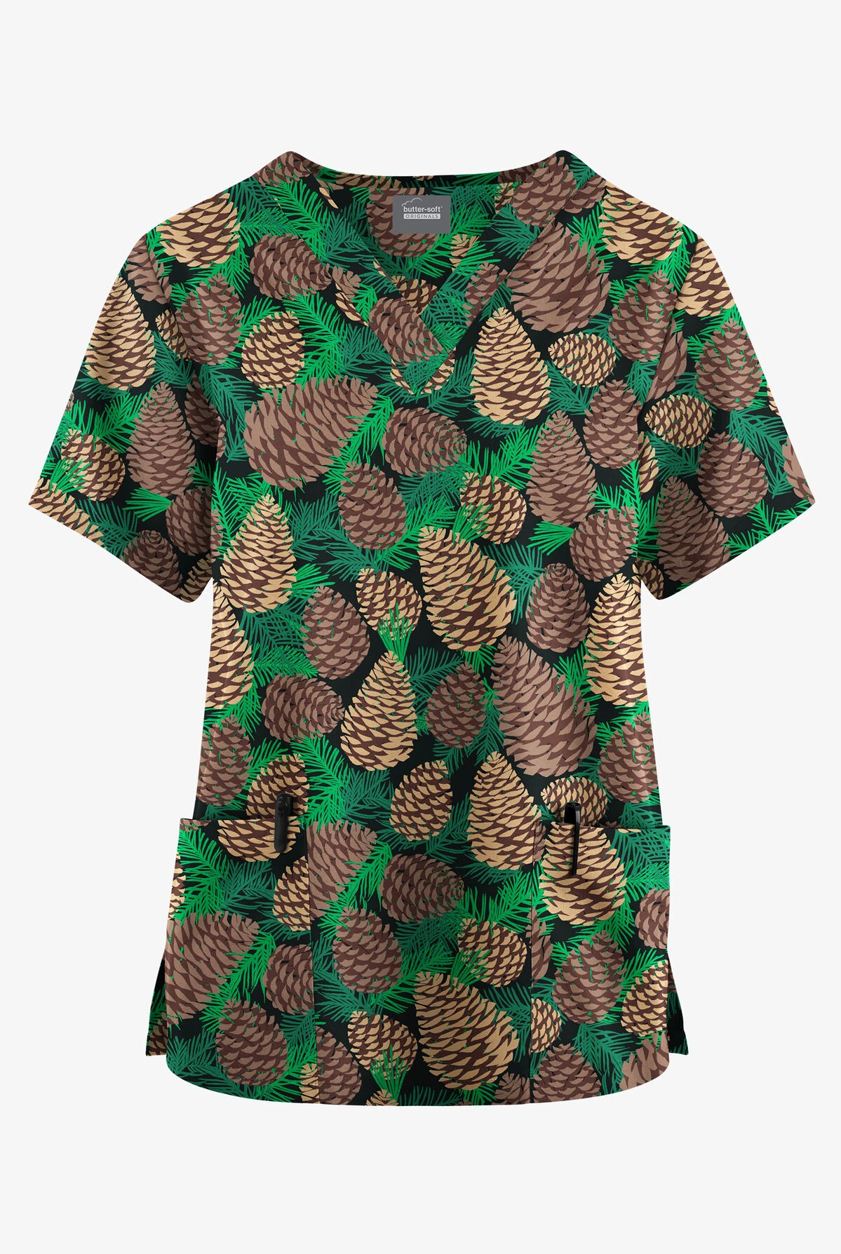 Butter-Soft Originals Winter Pine Cones Black Printed Women's 2-Pocket Classic Fit V-Neck Scrub Top 3 Butter-Soft Originals Winter Pine Cones Black Printed Women's 2-Pocket Classic Fit V-Neck Scrub Top
