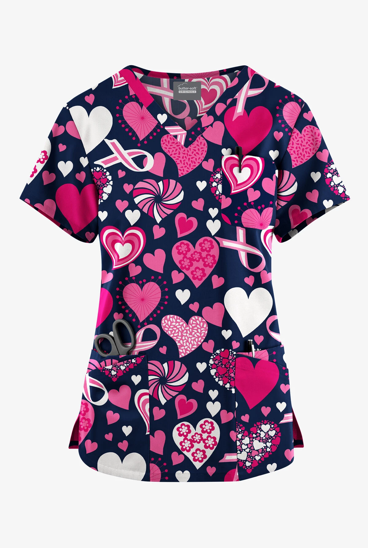 Butter-Soft Originals Ribbons Of Love Navy Women's 7-Pocket Rounded V-Neck Printed Scrub Top 3 Butter-Soft Originals Ribbons Of Love Navy Women's 7-Pocket Rounded V-Neck Printed Scrub Top