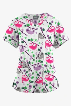 Butter-Soft Originals Slew Of Sloths White Printed Women's 4-Pocket Rounded V-Neck Scrub Top