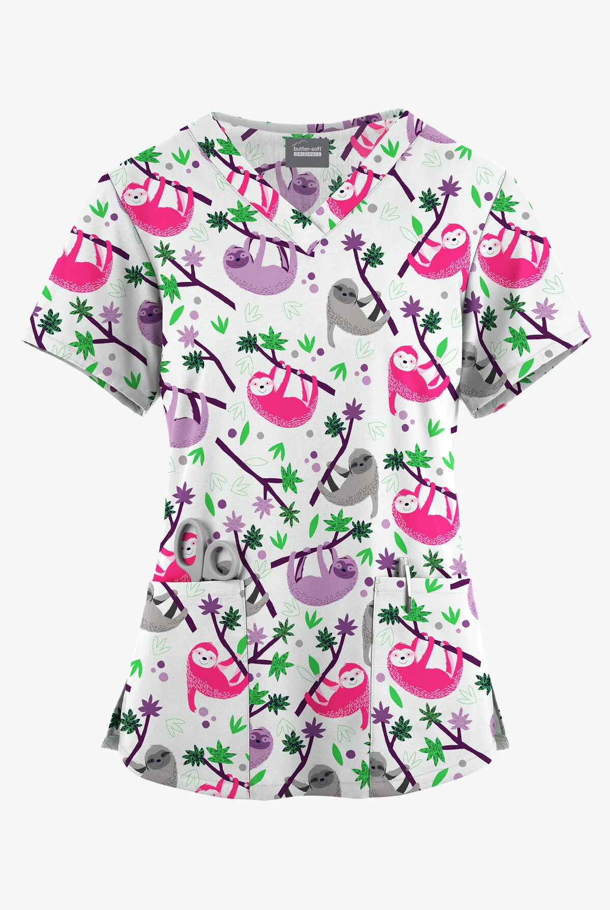 Butter-Soft Originals Slew Of Sloths White Printed Women's 4-Pocket Rounded V-Neck Scrub Top 3 Butter-Soft Originals Slew Of Sloths White Printed Women's 4-Pocket Rounded V-Neck Scrub Top
