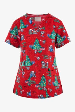 Cherokee Genuine Meowy Christmouse Women's 2-Pocket STRETCH V-Neck Print Scrub Top
