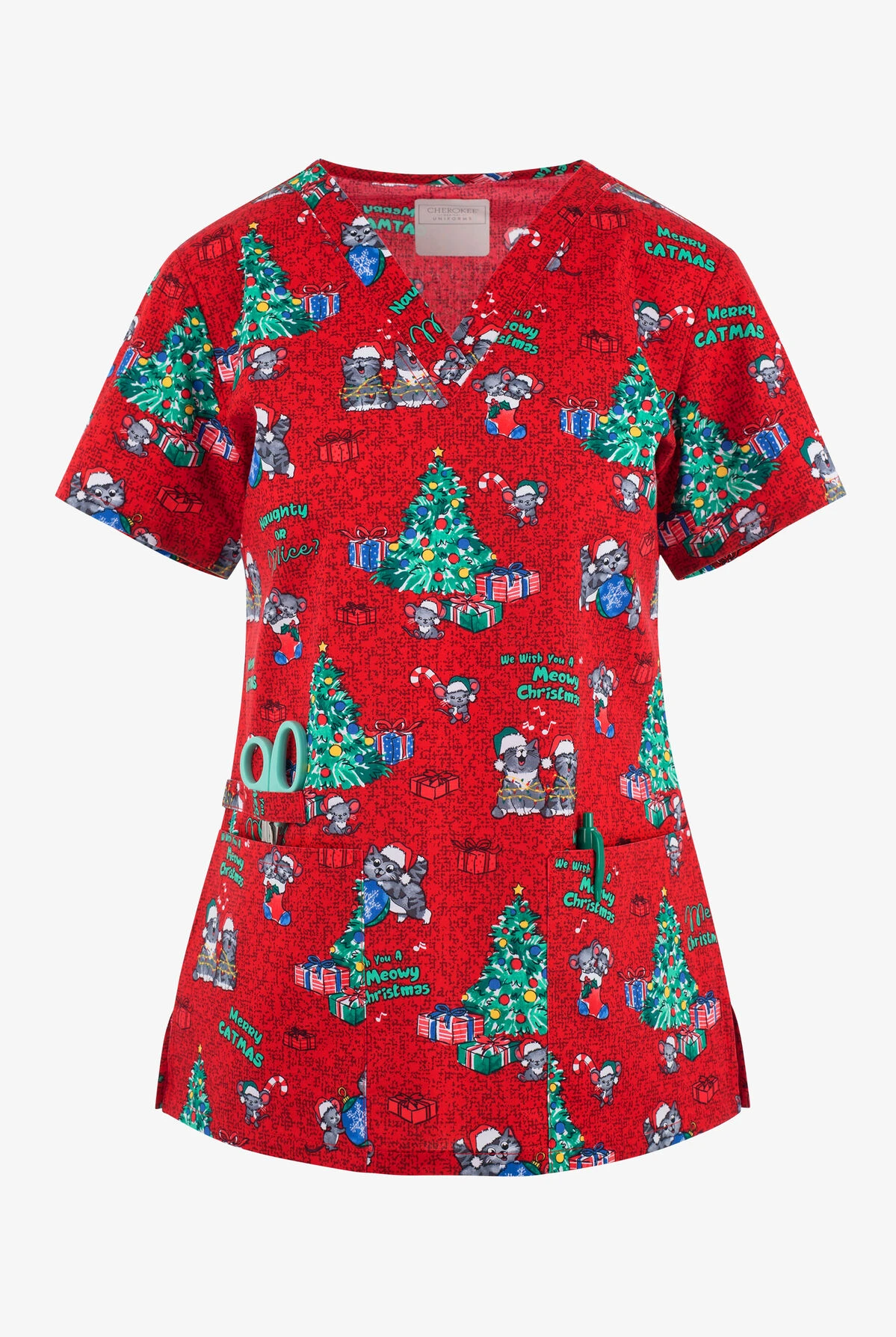 Cherokee Genuine Meowy Christmouse Women's 2-Pocket STRETCH V-Neck Print Scrub Top 3 Cherokee Genuine Meowy Christmouse Women's 2-Pocket STRETCH V-Neck Print Scrub Top