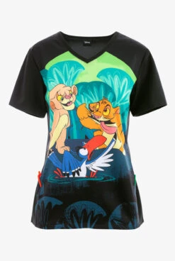 Cherokee Tooniforms Too Funny Simba And Nala Women's 2-Pocket STRETCH V-Neck Print Scrub Top