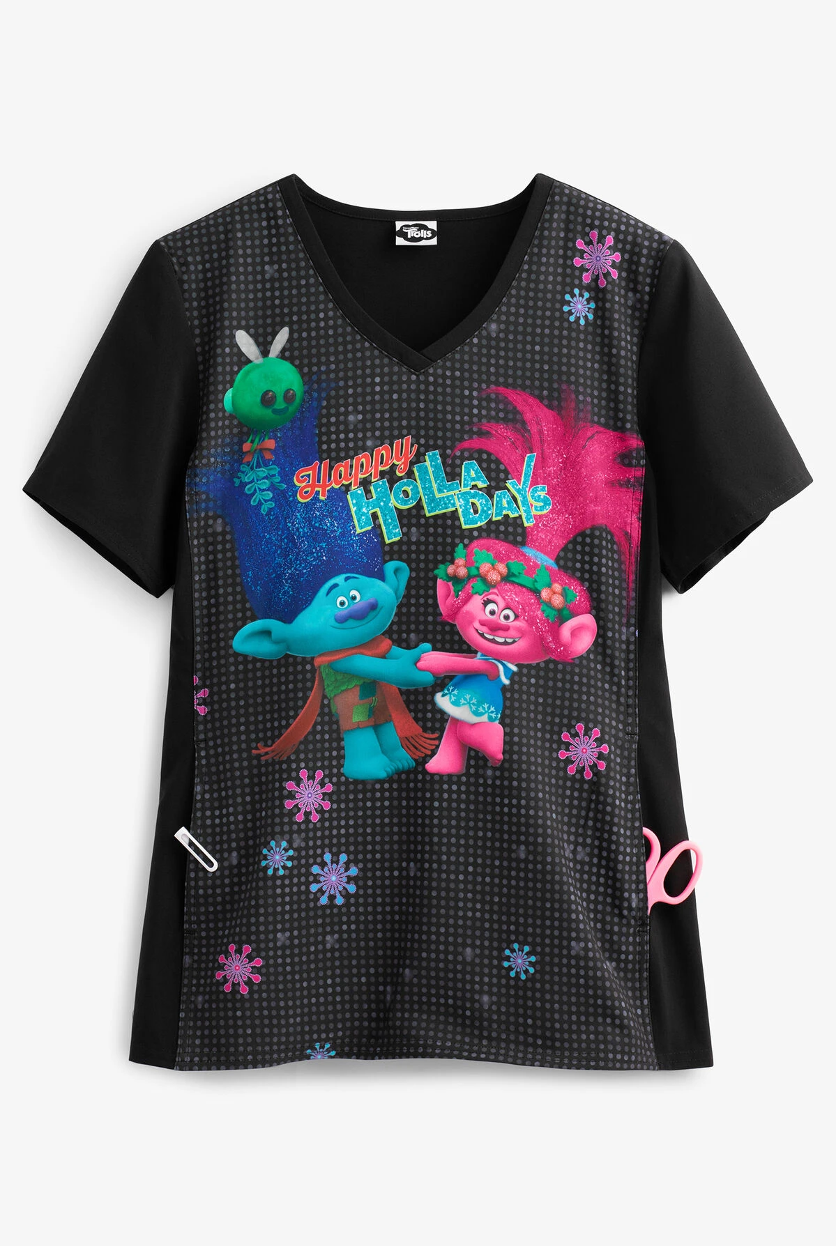 Cherokee Tooniforms DreamWorks Troll Holla Days Women's 1-Pocket V-Neck Print Scrub Top 3 Cherokee Tooniforms DreamWorks Troll Holla Days Women's 1-Pocket V-Neck Print Scrub Top