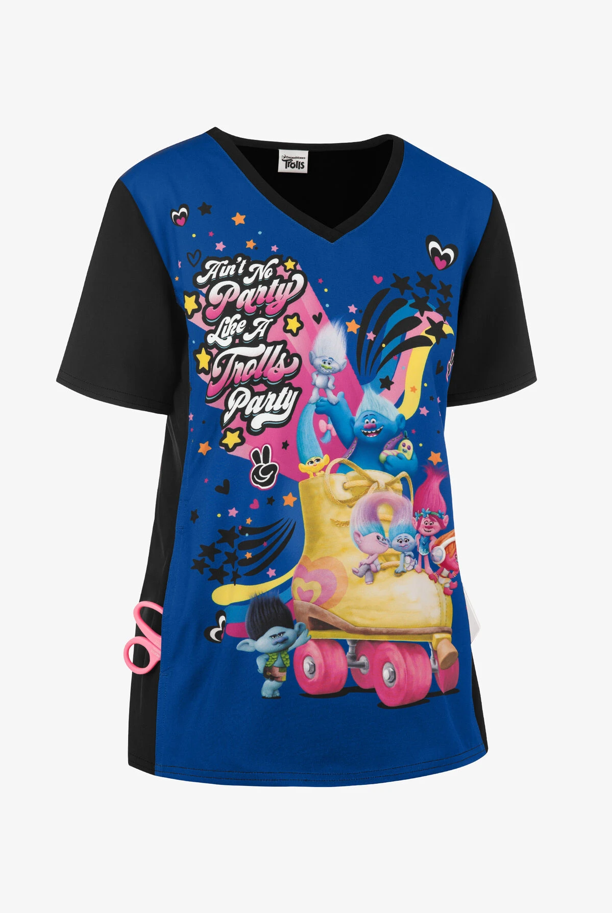 Cherokee Tooniforms DreamWorks Trolls Party Women's 1-Pocket V-Neck Print Scrub Top 5 Cherokee Tooniforms DreamWorks Trolls Party Women's 1-Pocket V-Neck Print Scrub Top - Image 3