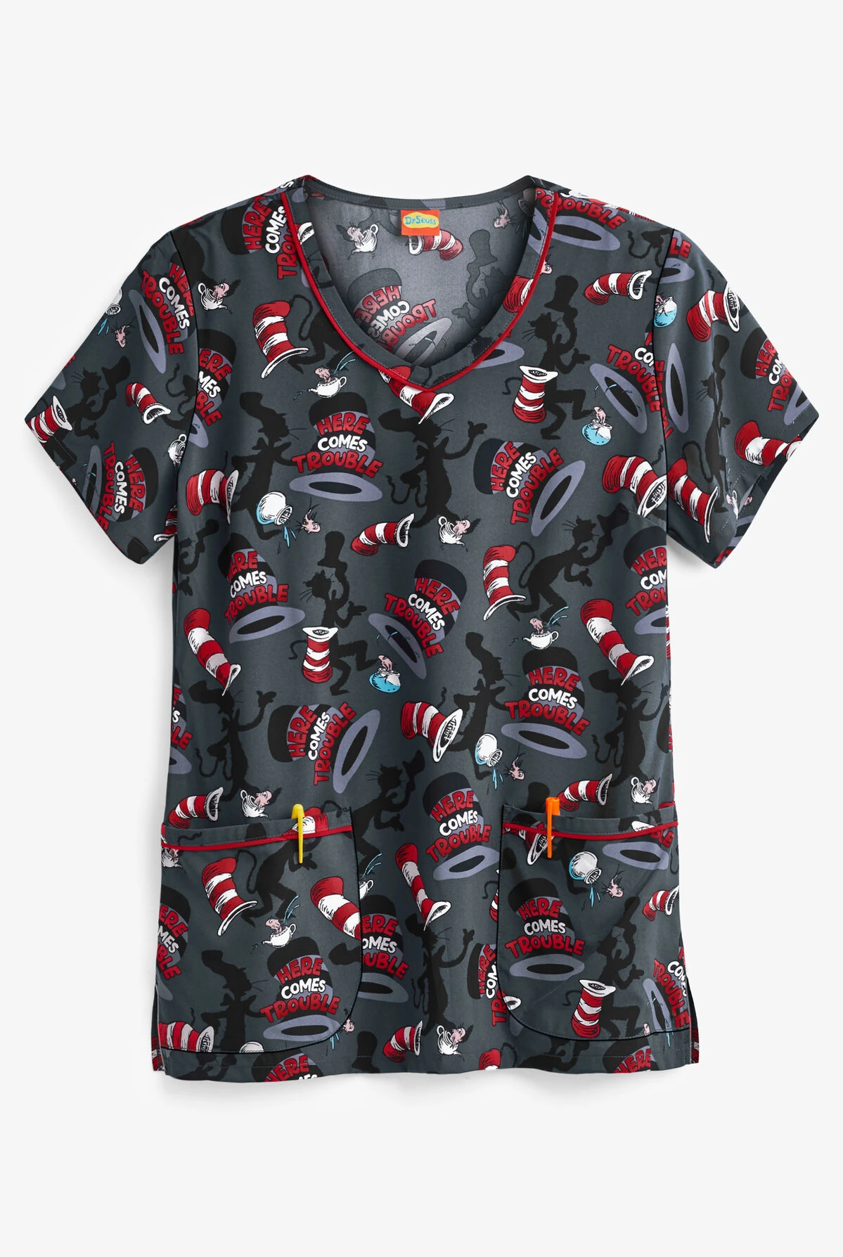 Cherokee Tooniforms Dr. Seuss Here Comes Trouble Women's 2-Pocket V-Neck Print Scrub Top 3 Cherokee Tooniforms Dr. Seuss Here Comes Trouble Women's 2-Pocket V-Neck Print Scrub Top