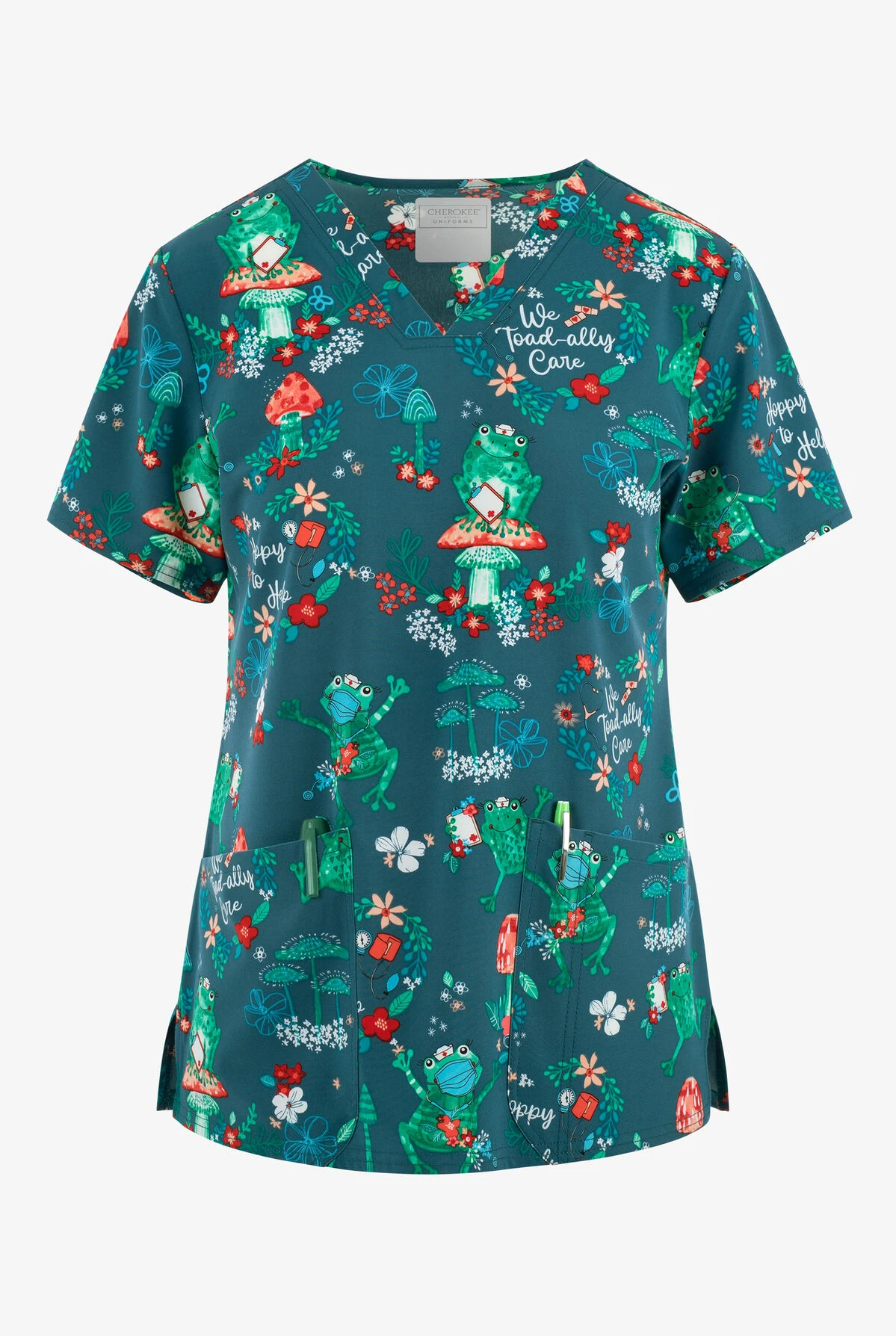 Cherokee Genuine Hoppy To Help Frogs Women's 2-Pocket STRETCH V-Neck Print Scrub Top 3 Cherokee Genuine Hoppy To Help Frogs Women's 2-Pocket STRETCH V-Neck Print Scrub Top