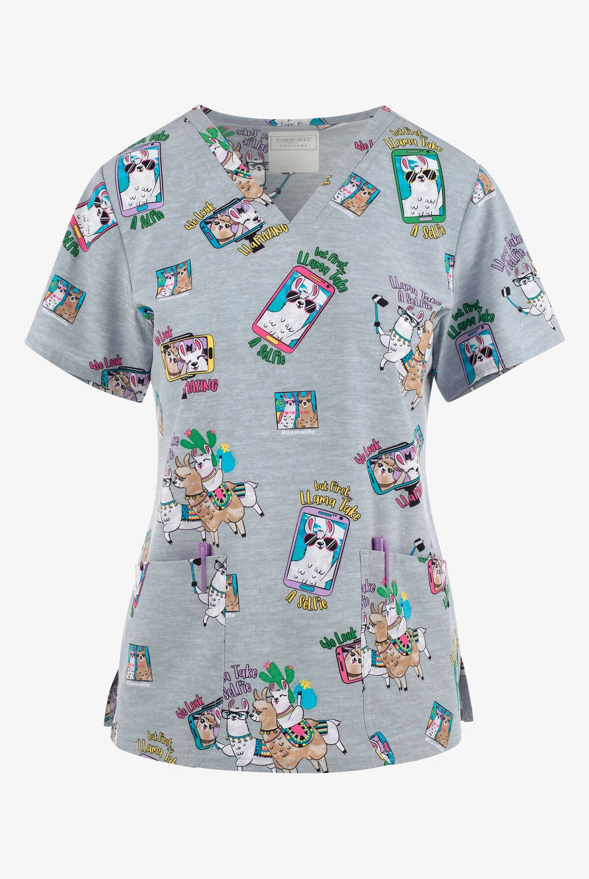Cherokee Genuine Llama Take A Selfie Women's 2-Pocket STRETCH V-Neck Print Scrub Top 3 Cherokee Genuine Llama Take A Selfie Women's 2-Pocket STRETCH V-Neck Print Scrub Top