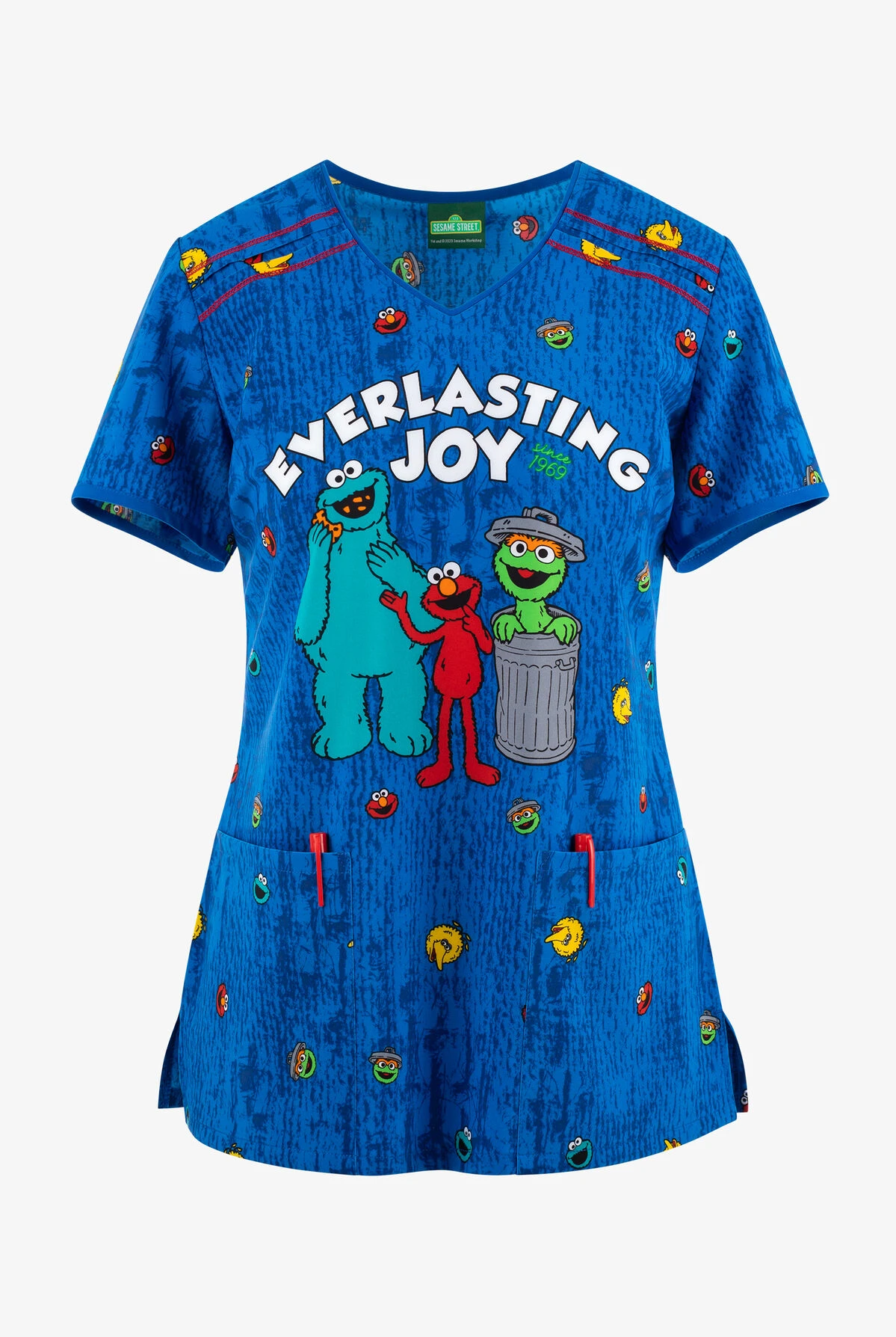 Cherokee Tooniforms Joy Everlasting Sesame Street Women's 2-Pocket STRETCH V-Neck Print Scrub Top 2 Cherokee Tooniforms Joy Everlasting Sesame Street Women's 2-Pocket STRETCH V-Neck Print Scrub Top