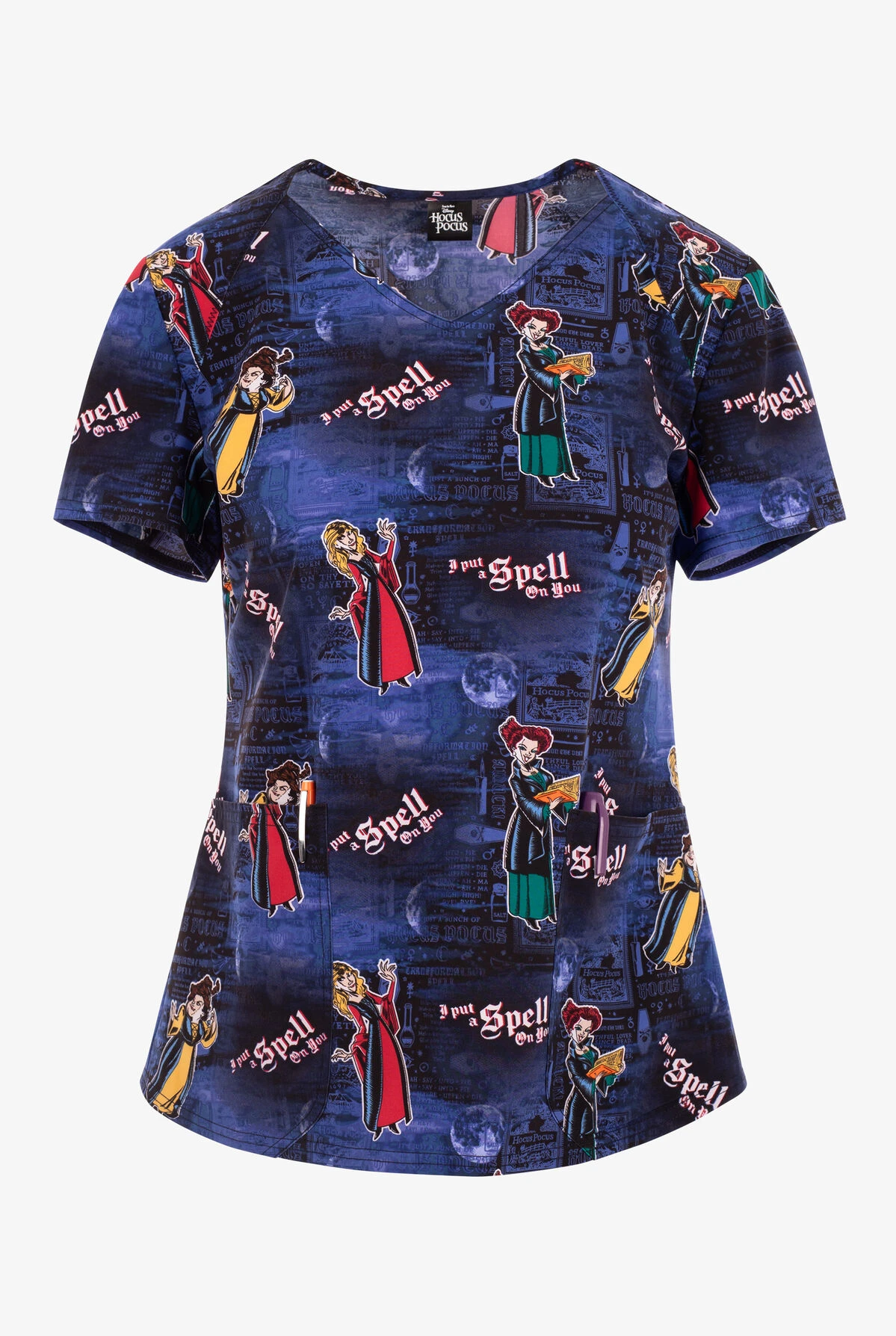 Cherokee Tooniforms Disney's Hocus Pocus Spell Casters Women's 2-Pocket STRETCH V-Neck Print Scrub Top 3 Cherokee Tooniforms Disney's Hocus Pocus Spell Casters Women's 2-Pocket STRETCH V-Neck Print Scrub Top