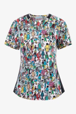 Cherokee Tooniforms Where's Waldo? Women's 2-Pocket STRETCH V-Neck Print Scrub Top