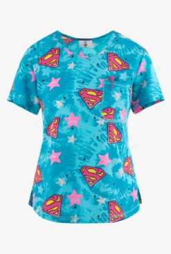 Cherokee Tooniforms DC Comics Symbol Of Hope Women's 2-Pocket STRETCH V-Neck Print Scrub Top