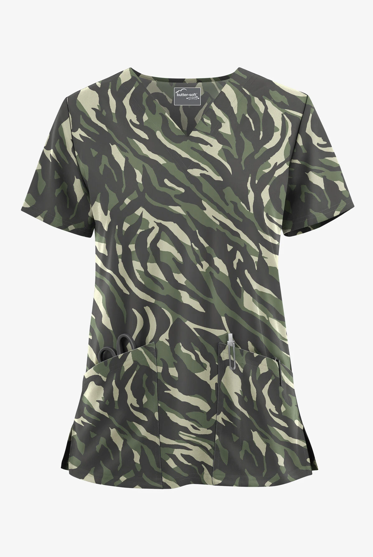 UA Butter-Soft STRETCH Zebra Camo Pewter Women's 2-Pocket V-Neck Printed Scrub Top 3 UA Butter-Soft STRETCH Zebra Camo Pewter Women's 2-Pocket V-Neck Printed Scrub Top