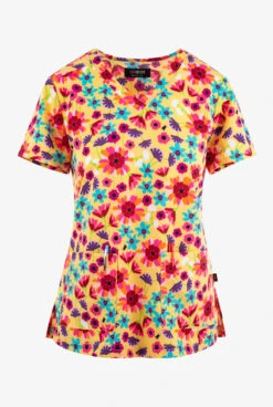 French Bull By Koi Gerbera's Daisy Women's 2-Pocket STRETCH V-Neck Print Scrub Top