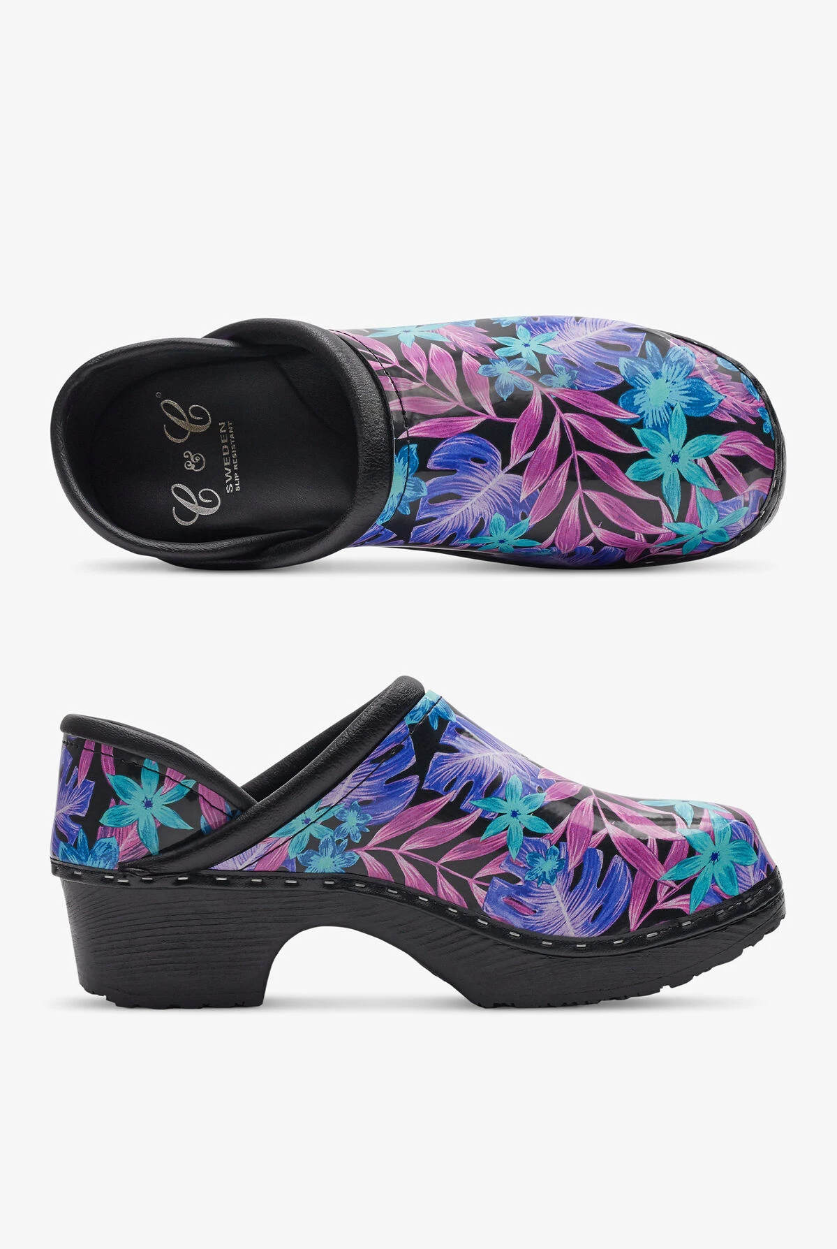 C&C Sweden Women's Floral Luau Black Patent Leather Nursing Clogs 3 C&C Sweden Women's Floral Luau Black Patent Leather Nursing Clogs
