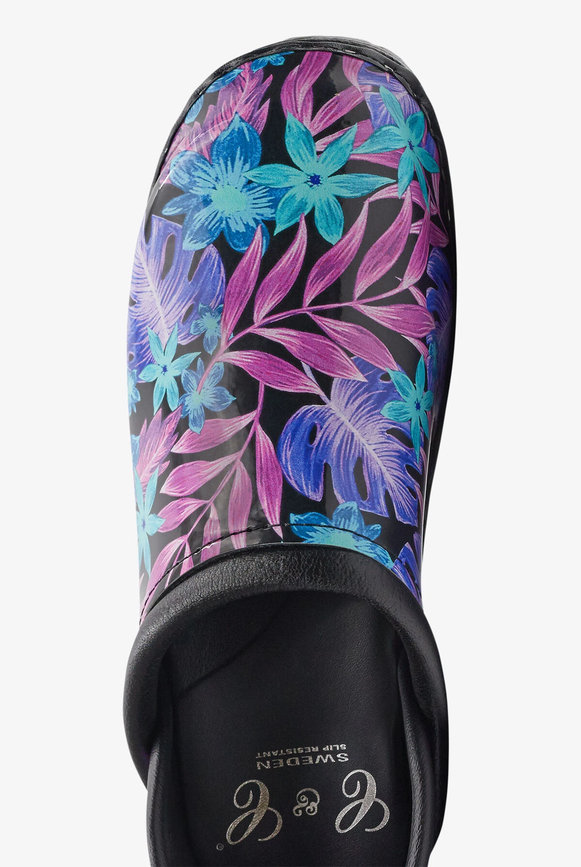 C&C Sweden Women's Floral Luau Black Patent Leather Nursing Clogs 4 C&C Sweden Women's Floral Luau Black Patent Leather Nursing Clogs - Image 2