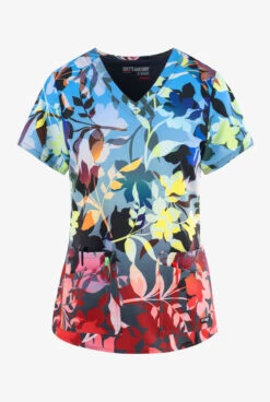 Grey's Anatomy Spandex Autumn Luster Floral Women's 4-Pocket STRETCH V-Neck Print Scrub Top
