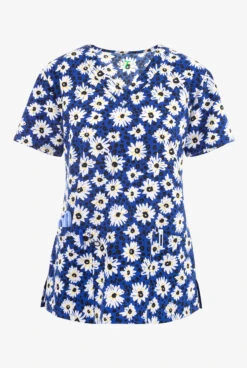 Green Town Daisy Blue Floral Women's 3-Pocket STRETCH V-Neck Print Scrub Top