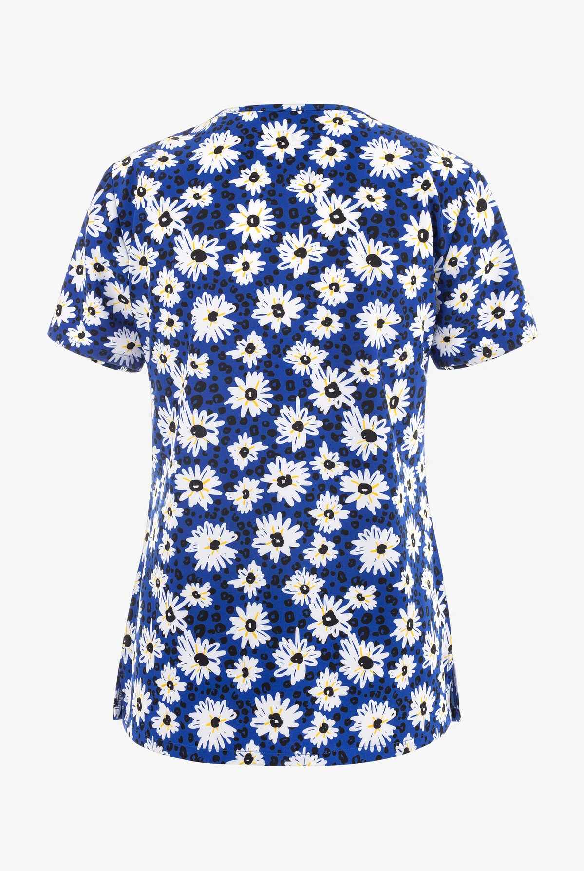 Green Town Daisy Blue Floral Women's 3-Pocket STRETCH V-Neck Print Scrub Top 4 Green Town Daisy Blue Floral Women's 3-Pocket STRETCH V-Neck Print Scrub Top - Image 2