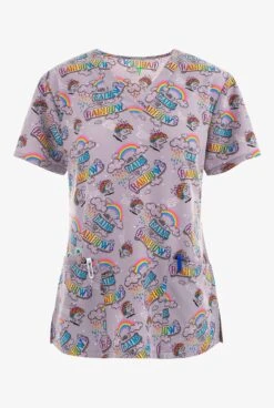 Green Town Whimsical Look For The Rainbow Women's 3-Pocket STRETCH V-Neck Print Scrub Top