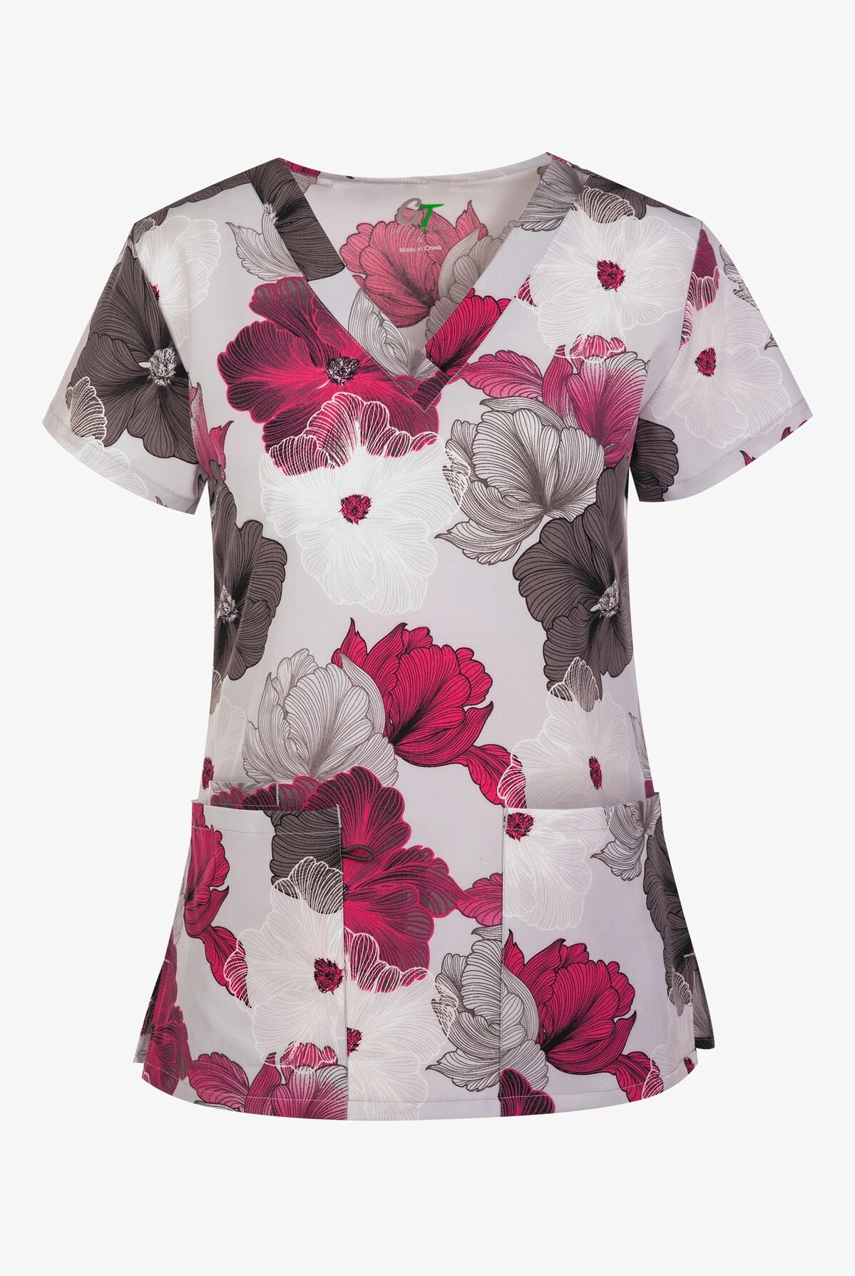 Green Town Pink Lined Floral V-Neck Print Scrub Top 3 Green Town Pink Lined Floral V-Neck Print Scrub Top