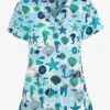 Green Town Seahorse Shellfish Women's 3-Pocket STRETCH V-Neck Print Scrub Top -Cherokee Shop GT501SES 1