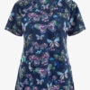 Green Town Whimsical Splatter Butterfly Women's 3-Pocket STRETCH V-Neck Print Scrub Top