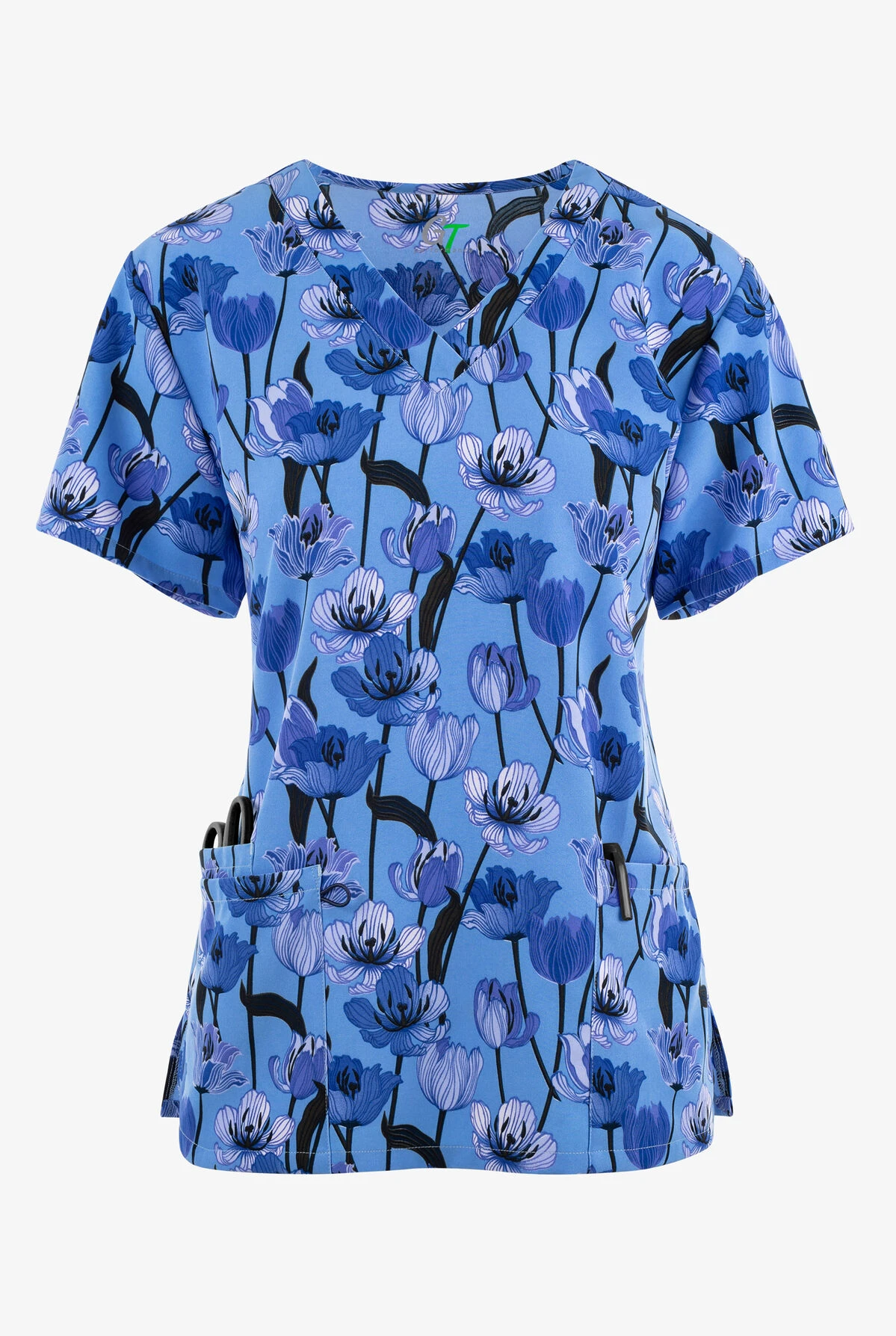 Green Town Tulips Floral Women's 3-Pocket STRETCH V-Neck Print Scrub Top 3 Green Town Tulips Floral Women's 3-Pocket STRETCH V-Neck Print Scrub Top