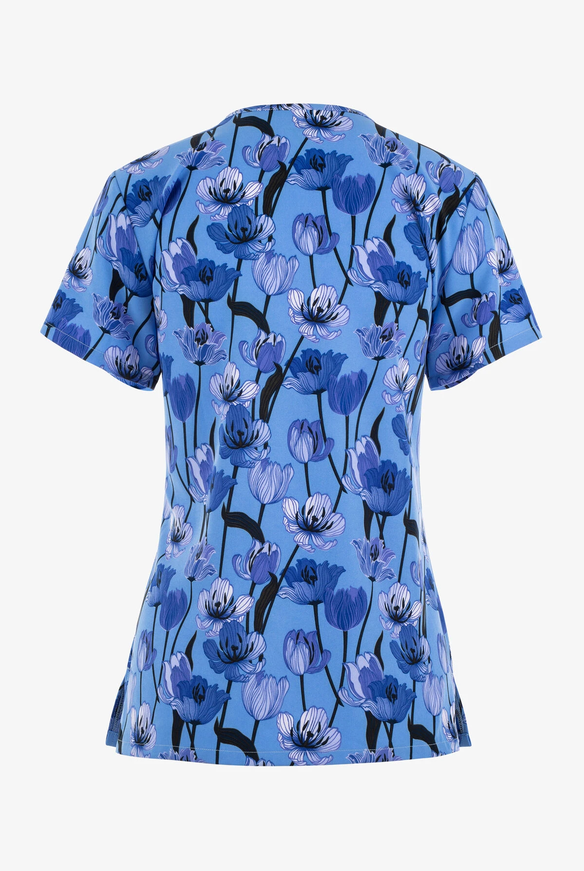 Green Town Tulips Floral Women's 3-Pocket STRETCH V-Neck Print Scrub Top 4 Green Town Tulips Floral Women's 3-Pocket STRETCH V-Neck Print Scrub Top - Image 2