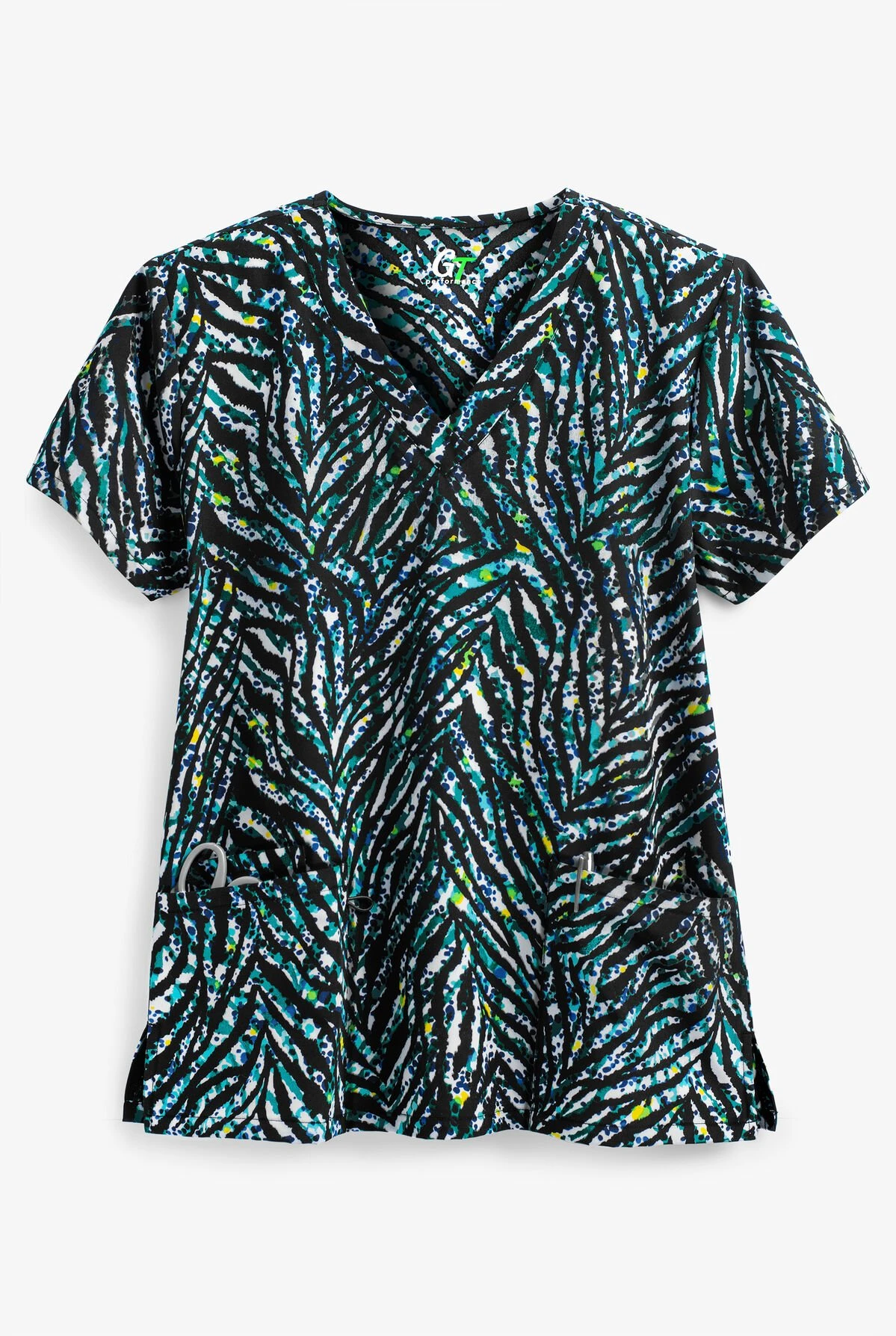 Green Town Wild Side Women's 3-Pocket V-Neck STRETCH Print Scrub Top 3 Green Town Wild Side Women's 3-Pocket V-Neck STRETCH Print Scrub Top