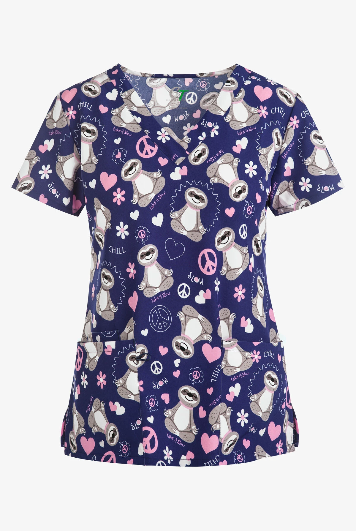Green Town Zen Sloths Women's 3-Pocket V-Neck Print Scrub Top 3 Green Town Zen Sloths Women's 3-Pocket V-Neck Print Scrub Top