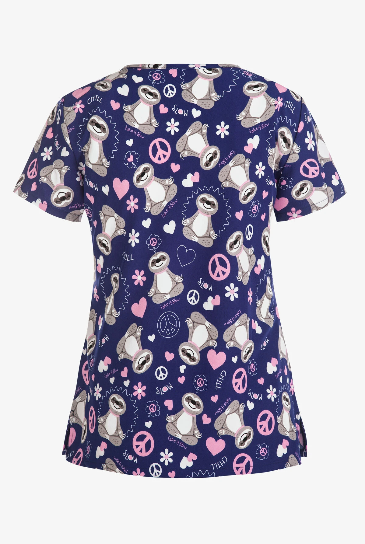 Green Town Zen Sloths Women's 3-Pocket V-Neck Print Scrub Top 4 Green Town Zen Sloths Women's 3-Pocket V-Neck Print Scrub Top - Image 2