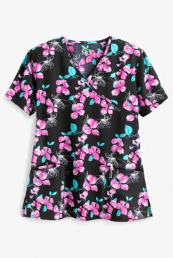 Green Town Abstract Honey Suckle Women's 3-Pocket Mock Wrap Print Scrub Top