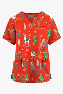Butter-Soft Originals Christmas Hanukkah Kwanzaa 2-Pocket Classic Fit V-Neck Printed Scrub Top