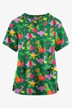 Butter-Soft Originals Santa Saurus Hunter Women's 2-Pocket Classic Fit V-Neck Printed Scrub Top