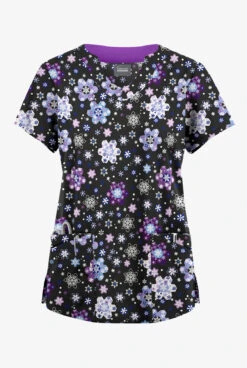 Butter-Soft Originals Winter Nights Black Printed Women's 6-Pocket Scallop Neck Scrub Top