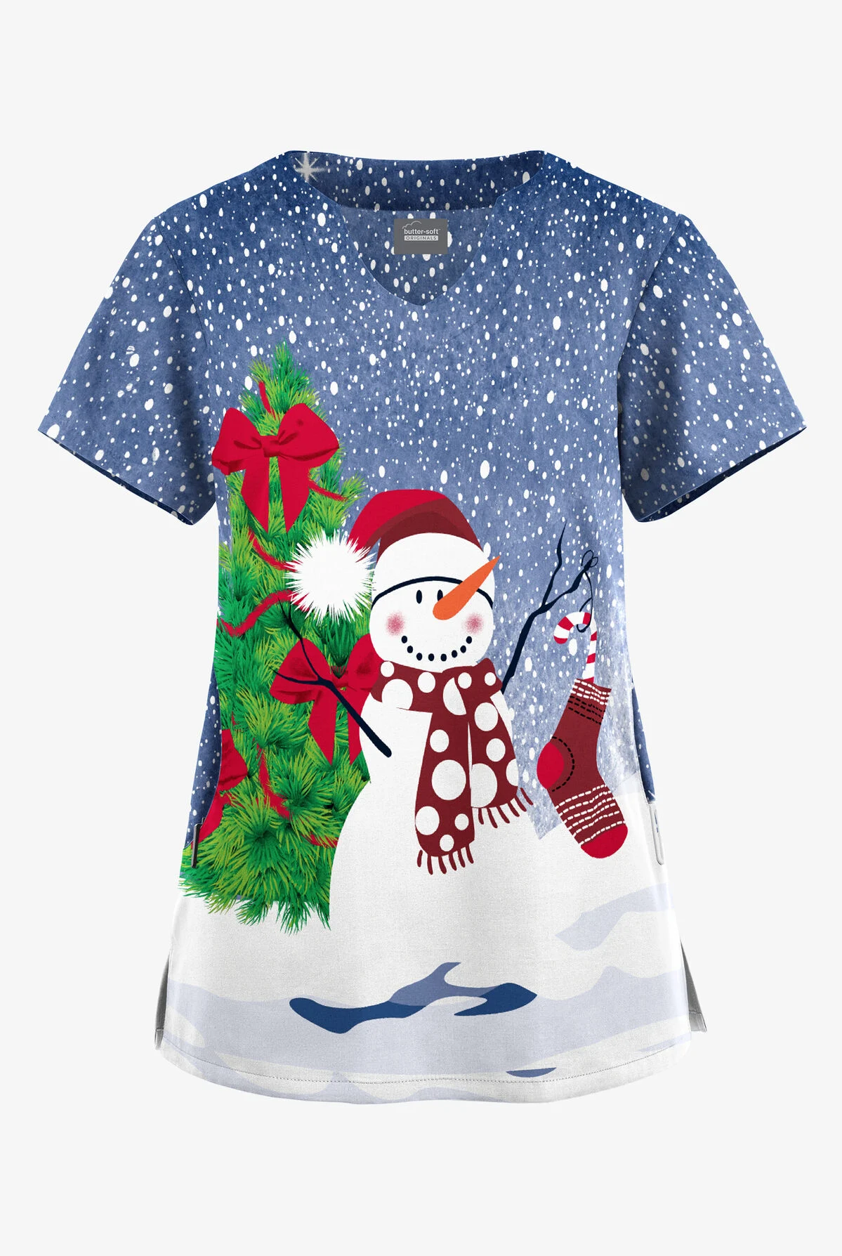 Butter-Soft Originals Festive Snowman Navy Women's 2-Pocket Scallop Neck Printed Scrub Top 3 Butter-Soft Originals Festive Snowman Navy Women's 2-Pocket Scallop Neck Printed Scrub Top