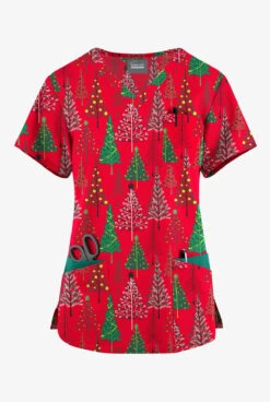 Butter-Soft Originals Holiday Frost Real Red Women's 7-Pocket Rounded V-Neck Printed Scrub Top