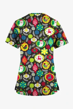 Butter-Soft Originals Jolly Baubles Black Printed Women's 7-Pocket Rounded V-Neck Scrub Top -Cherokee Shop H1638JBBL 092823 2