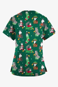 Butter-Soft Originals Playful Christmas Hunter Women's 4-Pocket Rounded V-Neck Printed Scrub Top -Cherokee Shop H2697PCHT 092823 2