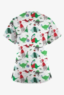 Butter-Soft Originals Santa Saurus White Printed Women's 4-Pocket Rounded V-Neck Scrub Top -Cherokee Shop H2697STWT 092823 2