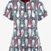 Healing Hands Holiday Helpers Women's 3-Pocket STRETCH Zip Neck Print Scrub Top -Cherokee Shop HE2271HOH 1