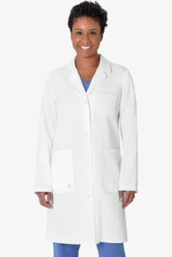 Healing Hands White Coat Minimalist Women's 37 ½" 5-Pocket STRETCH Lab Coat -Cherokee Shop HE5161 WHITE 3 HV