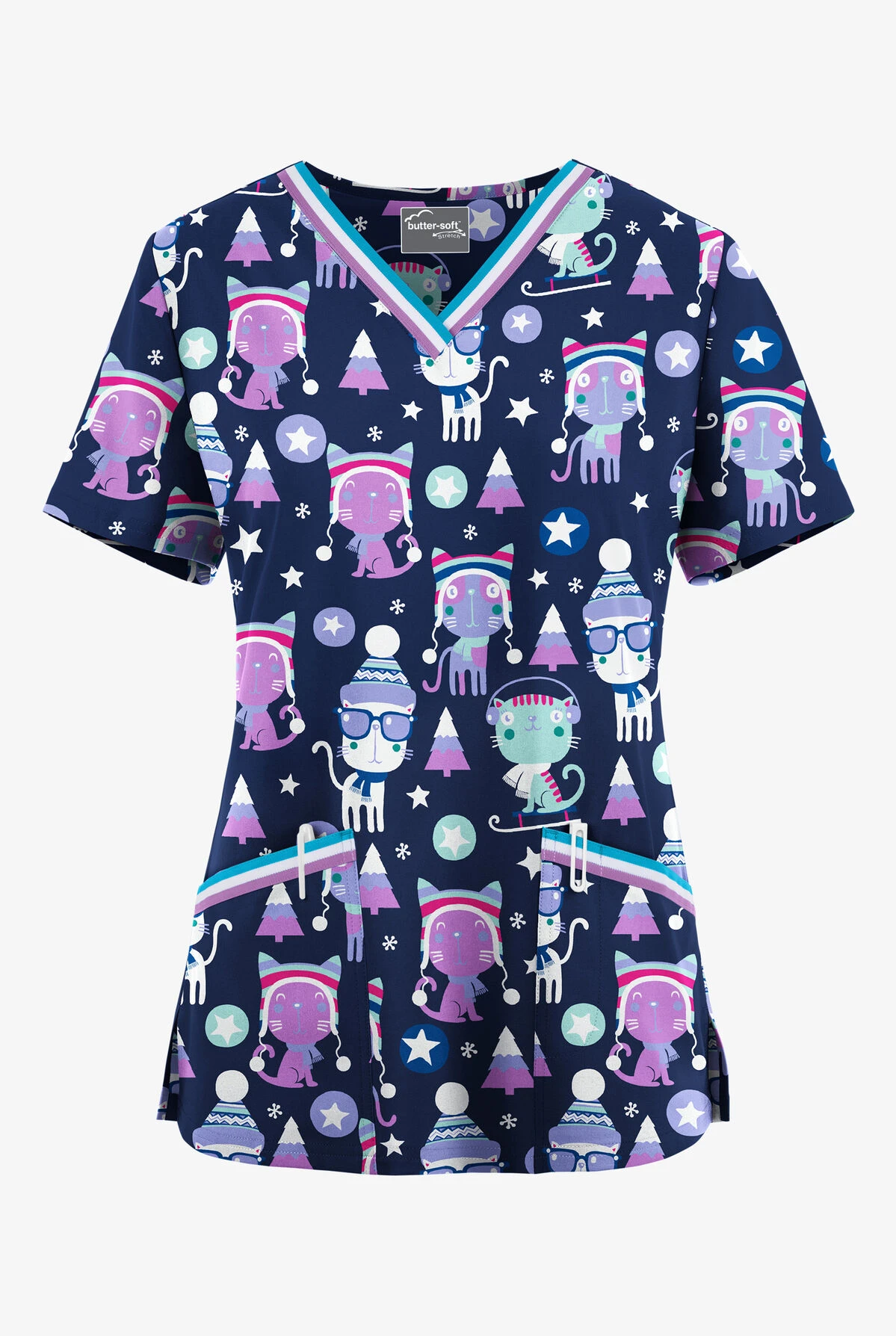 UA Butter-Soft STRETCH Christmas Kitties Navy Women's V-Neck 3 Pocket Print Scrub Top 3 UA Butter-Soft STRETCH Christmas Kitties Navy Women's V-Neck 3 Pocket Print Scrub Top